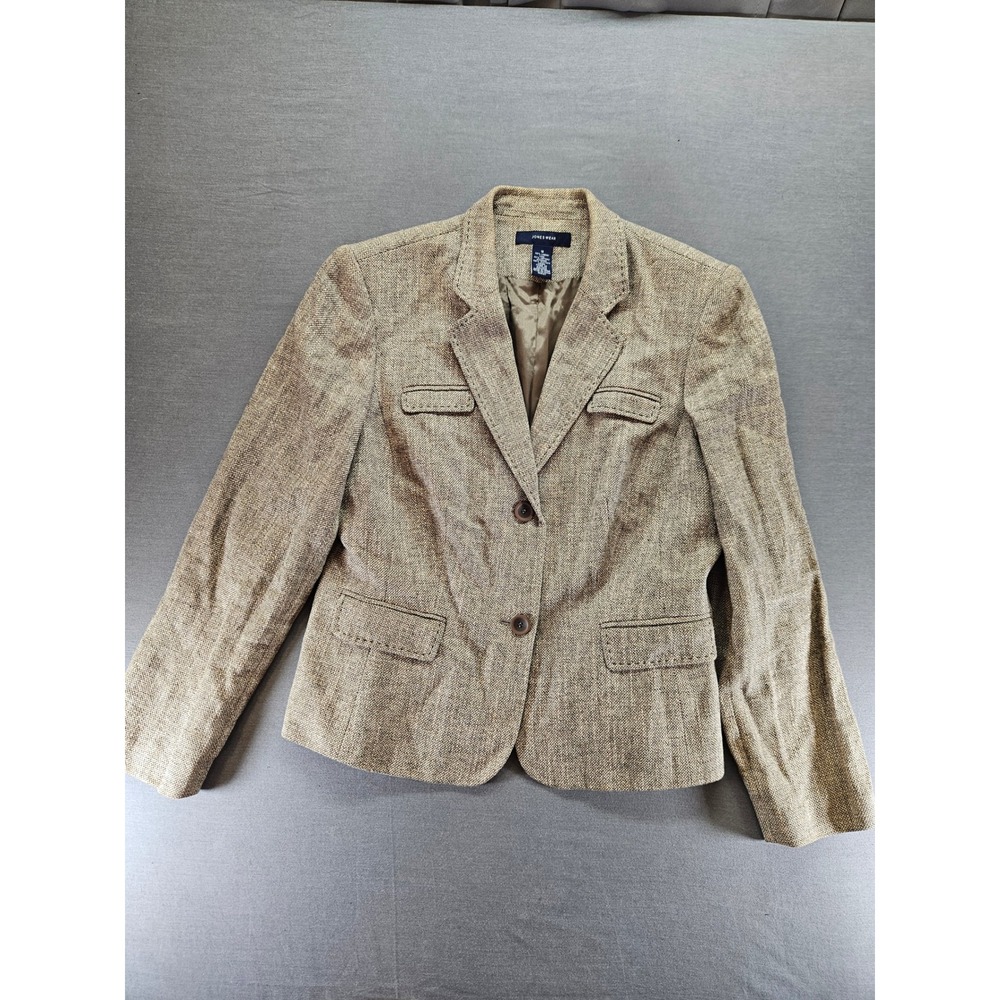 Jones Wear Womens Tan Herringbone Linen Cotton Blend 2 Button Blazer Jacket 16